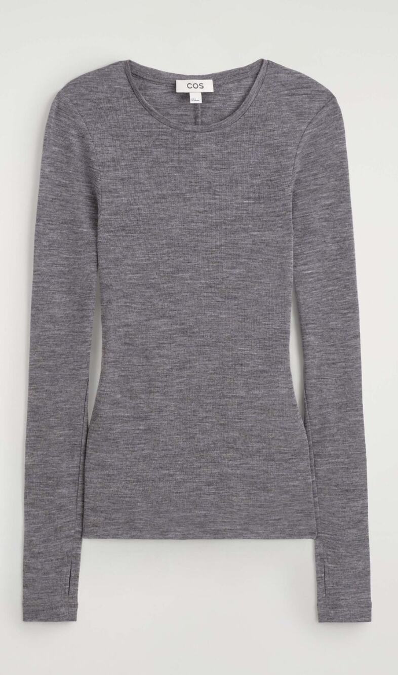 COS Merino Wool Pullover Womens XS Gray Slim T-shirt Thumb Holes Quiet Luxury